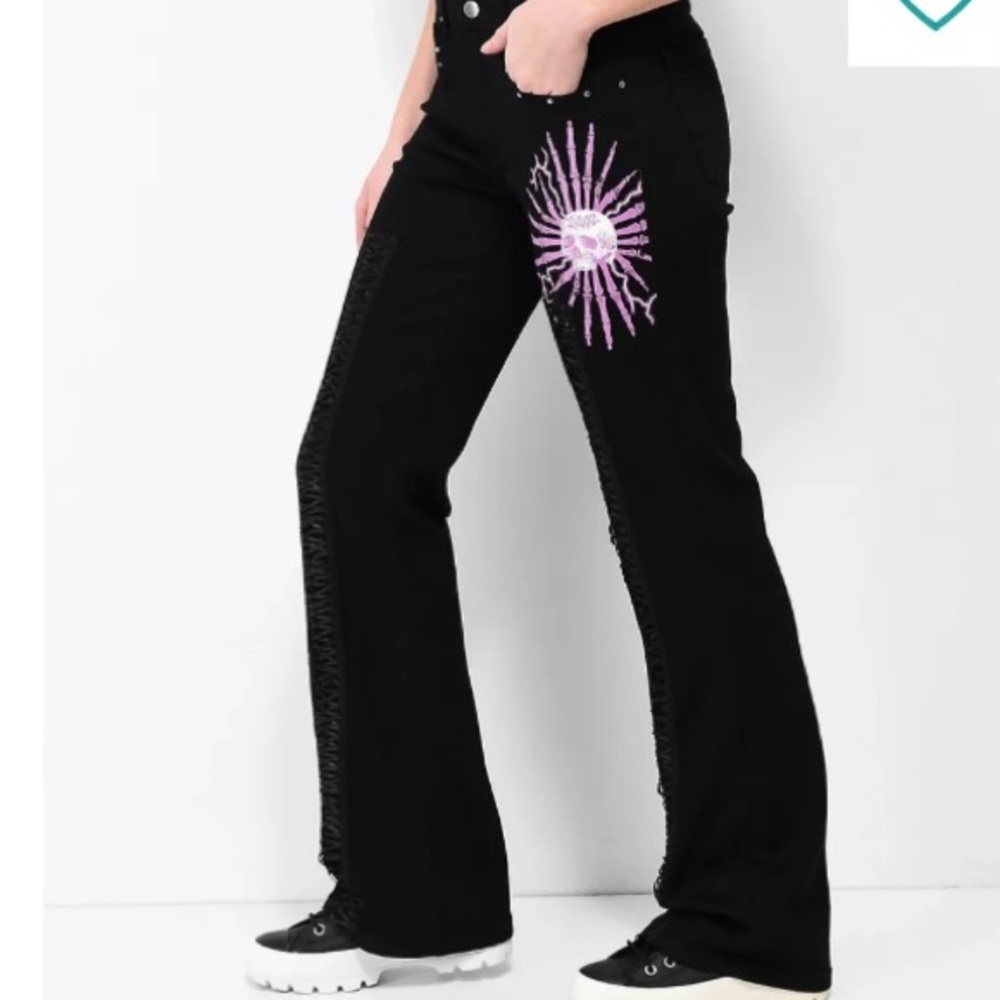 SWIXXZ Black Jeans Purple Skull Bones Women Sz 16 Gothic 90’s‎ Grunge READ